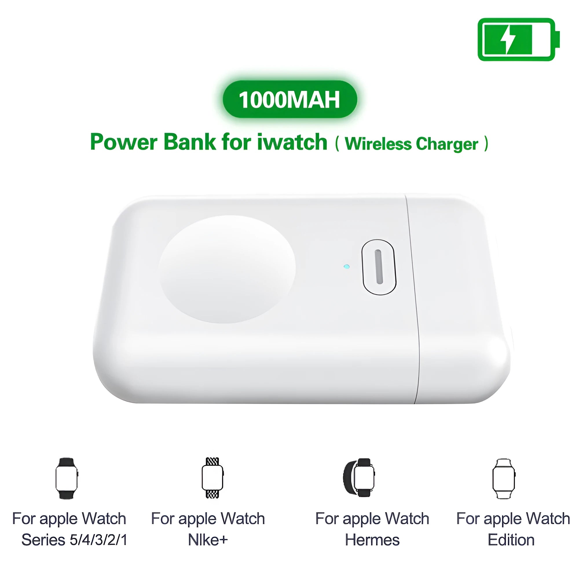 White Apple Watch portable magnetic wireless charger with 1000mAh battery capacity