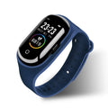 Smart bracelet with integrated wireless earphones showing 1-inch screen and silicone wristband
