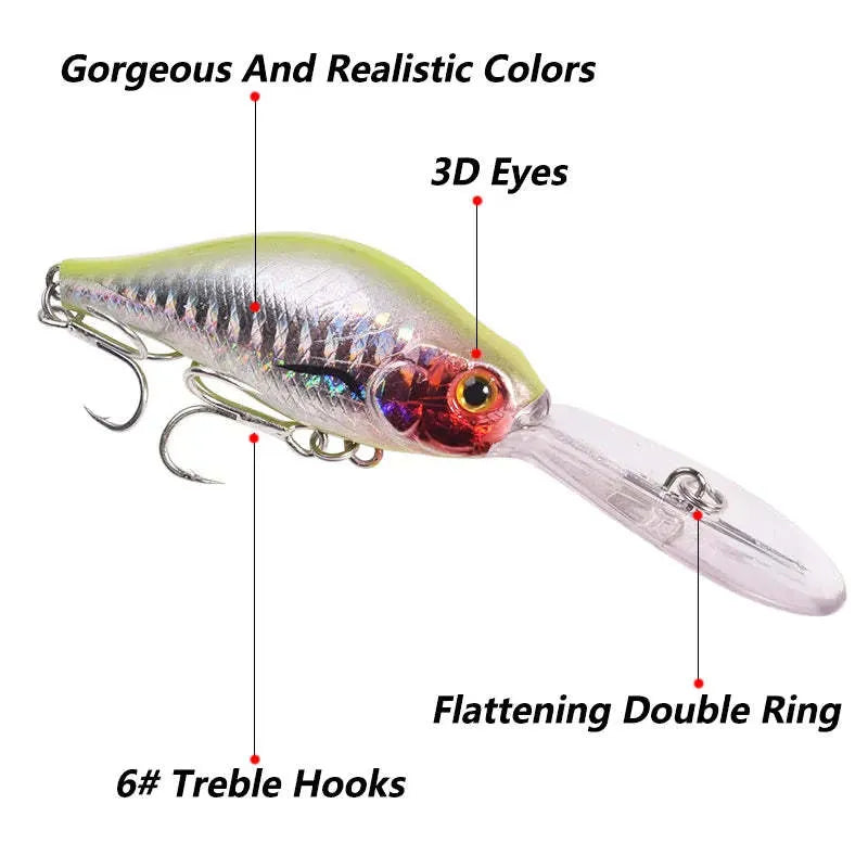Little Fat Man deep diving fishing lure measuring 10.5 cm in length with long tongue board design