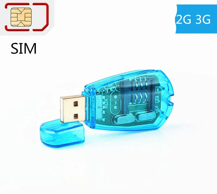 Blue external USB SIM card reader for mobile phone data backup and transfer.