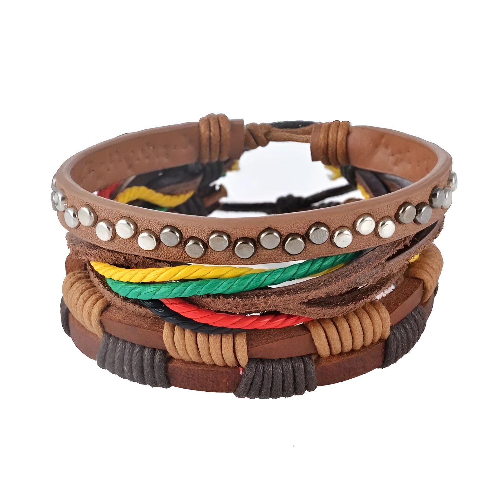 Hand-woven adjustable leather bracelet with wooden beads on a multilayer wrap design.