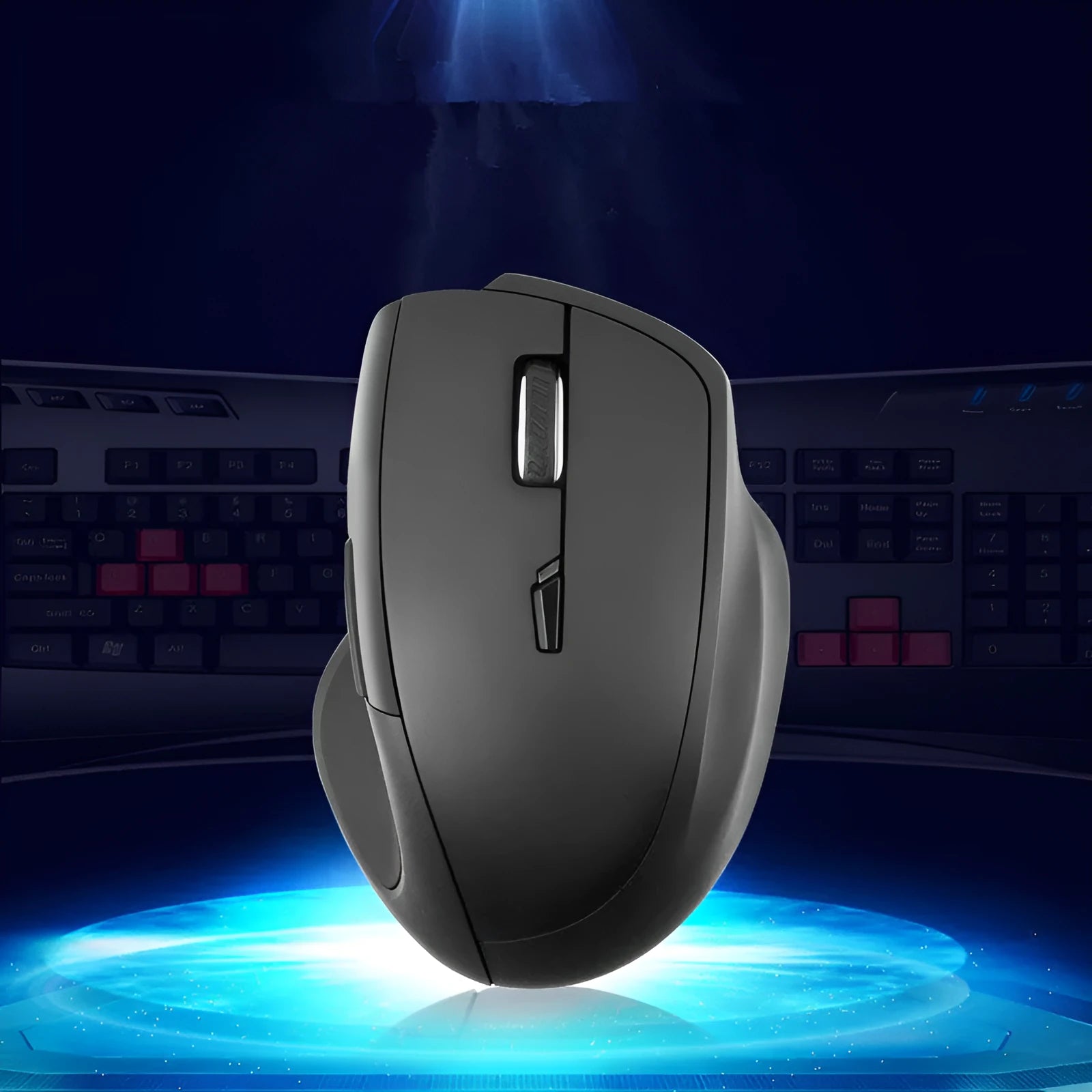 Black wireless optical mouse with seven buttons and intelligent voice control features
