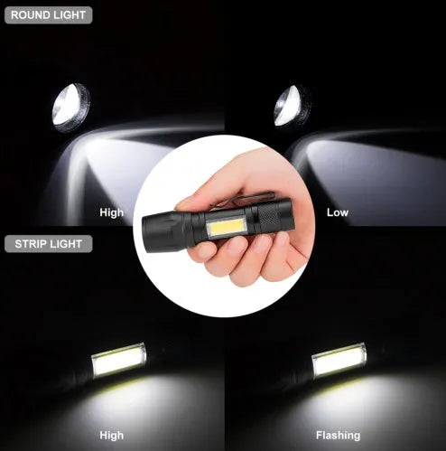 Black aluminium alloy mini telescopic LED flashlight with zoom focus and pocket clip