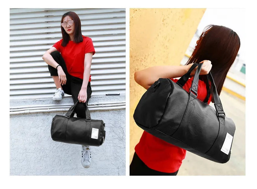 Black waterproof sports duffel bag with two side shoe compartments and diagonal straps, shown in large and small sizes.