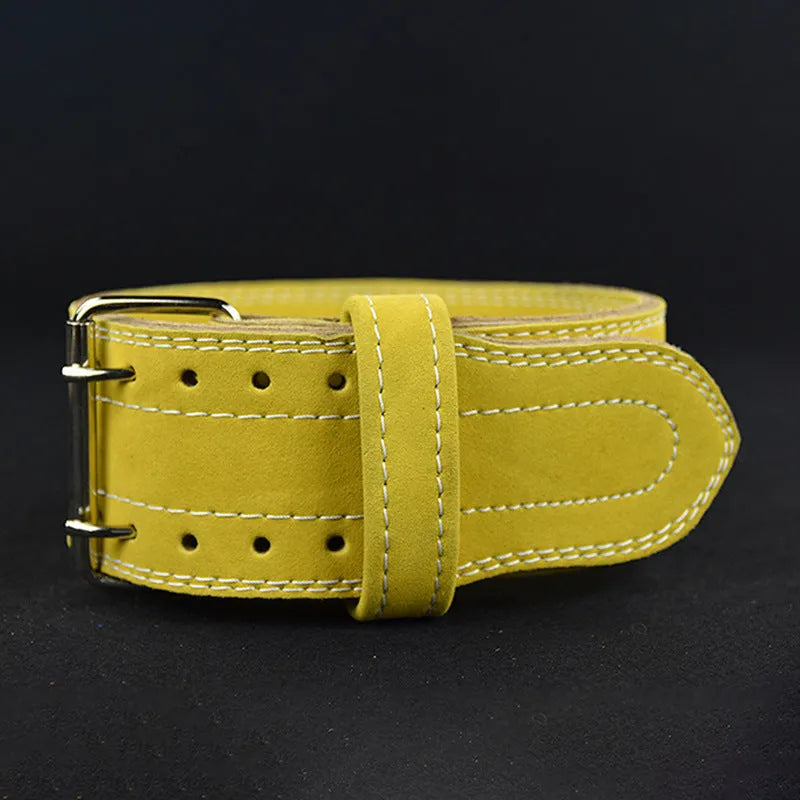 Sports belt fitness belt four-layer cowhide belt in black with adjustable buckle on a plain background