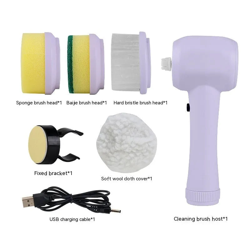 White cordless electric cleaning brush with four brush heads for shower tile and floor cleaning