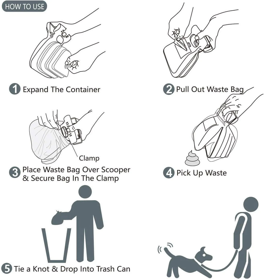 Blue portable handheld dog pooper scooper with carabiner clip and bag dispenser, shown next to size dimensions.