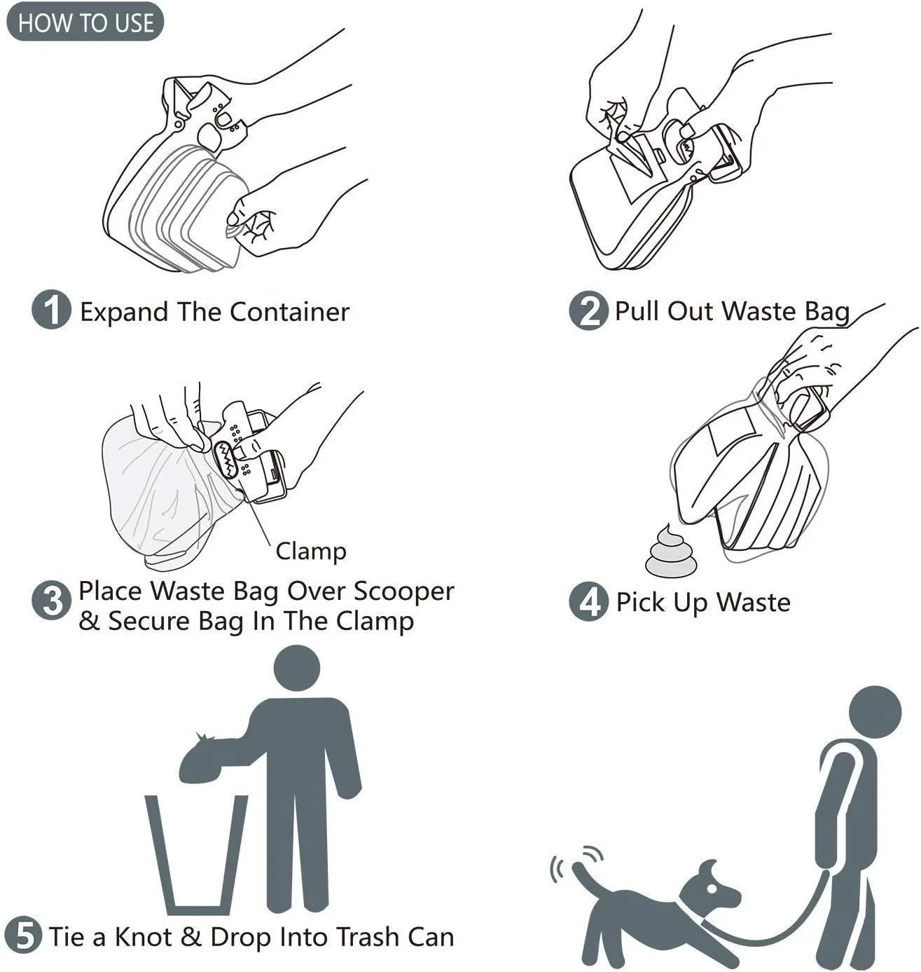 Blue portable handheld dog pooper scooper with carabiner clip and bag dispenser, shown next to size dimensions.