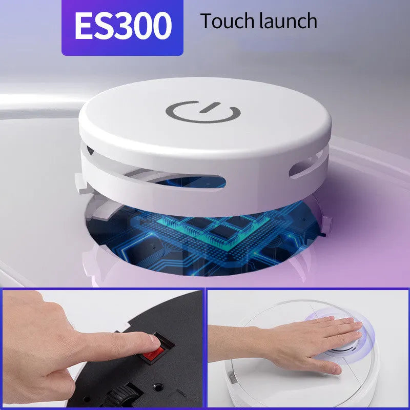 Automatic sweeping robot cleaner on a wooden floor, showing its square design and low profile.