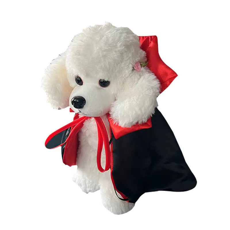 Halloween pet devil costume with bat cloak and pointed hat in red or purple colour options