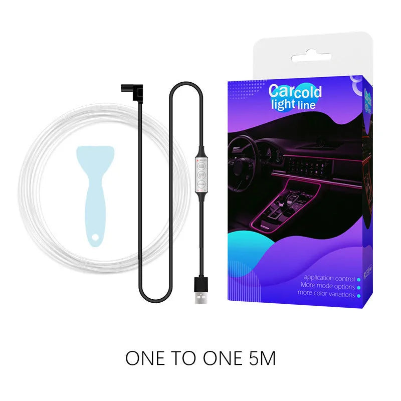 Car interior RGB LED light strip with wireless controller showing multiple colour options