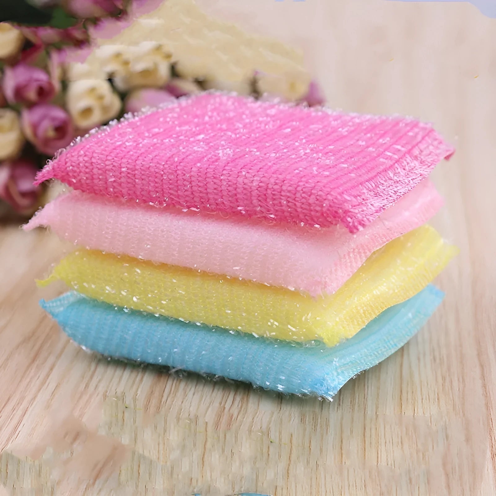 Fine stripe scrubbing sponge mop in macaron colours with plastic handle for dishwashing