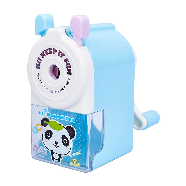 Cartoon cute pet geometric plastic manual pencil sharpener in blue, green, pink, or purple colour options.