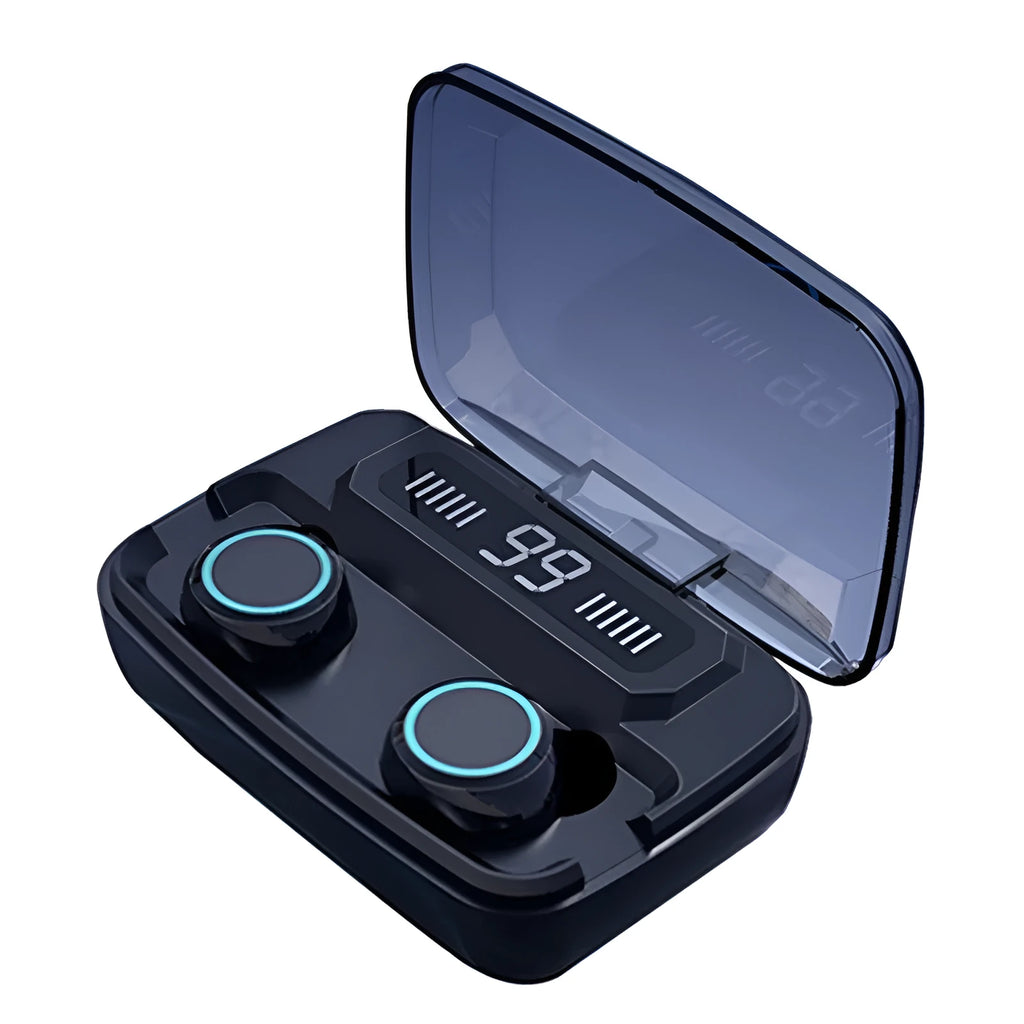 Black wireless Bluetooth headset with charging case showing digital power display and integrated mobile phone holder.