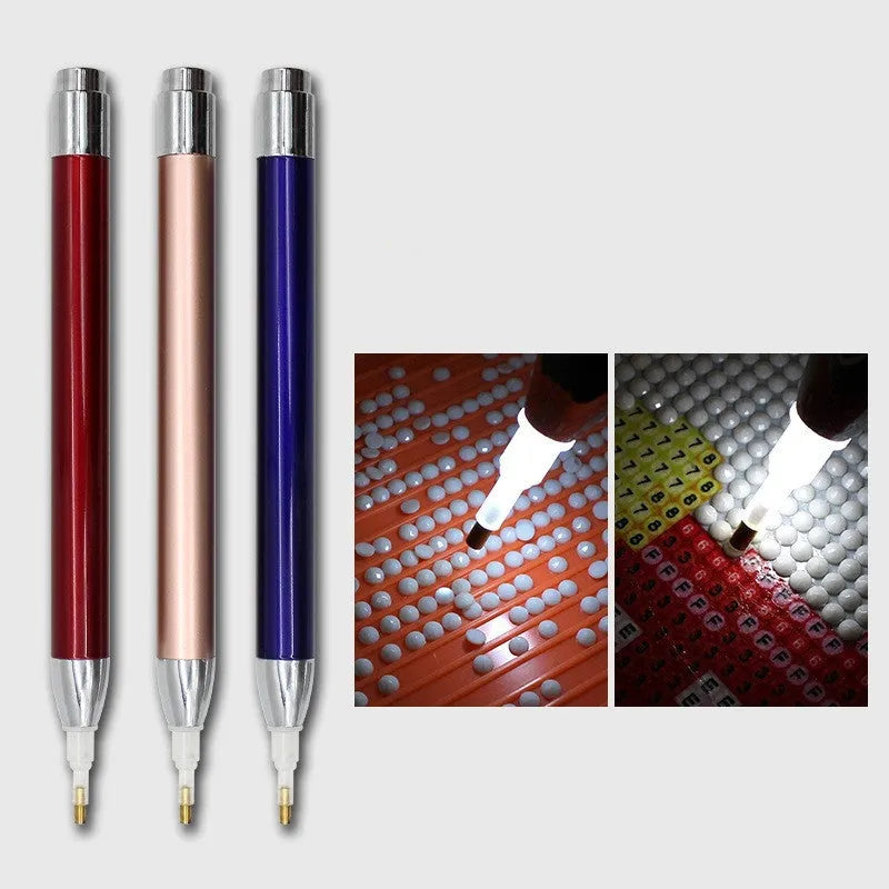 Aluminium alloy luminous diamond painting drill pen with metal frame in blue, gold, and red colour options