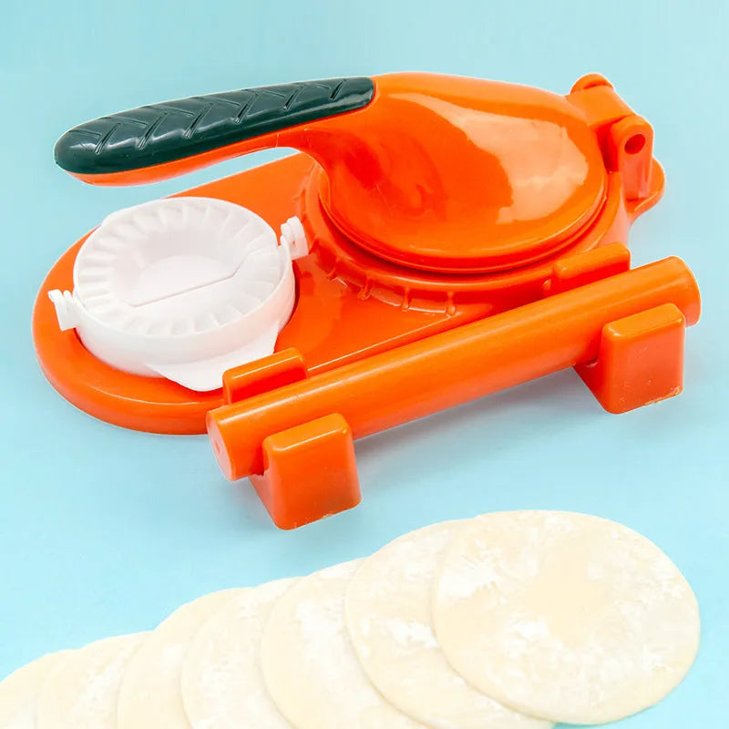 3 In 1 plastic dumpling maker with rolling pin and moulds, green colour, on kitchen countertop