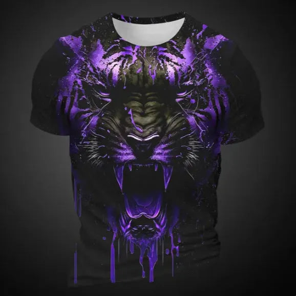 Men's grey T-shirt with a detailed 3D tiger head graphic print on the front