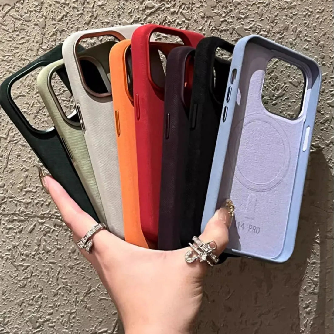 Magnetic leather drop-resistant flannel phone case in silver grey for iPhone.