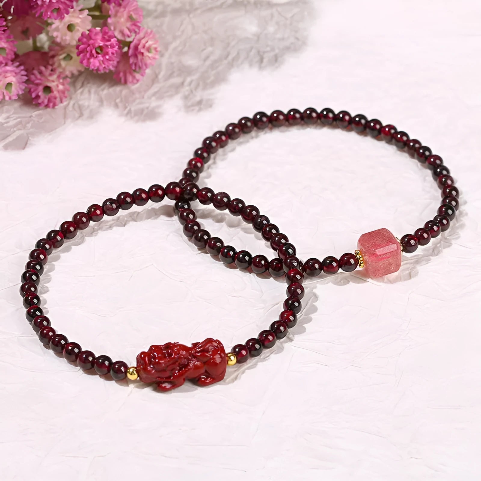 Women's geometric square bracelet with natural 3A garnet and purple sand pixiu strawberry quartz beads