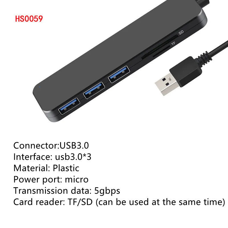 USB 3.0 hub with four ports, blue LED indicators, and 30 cm connection cable