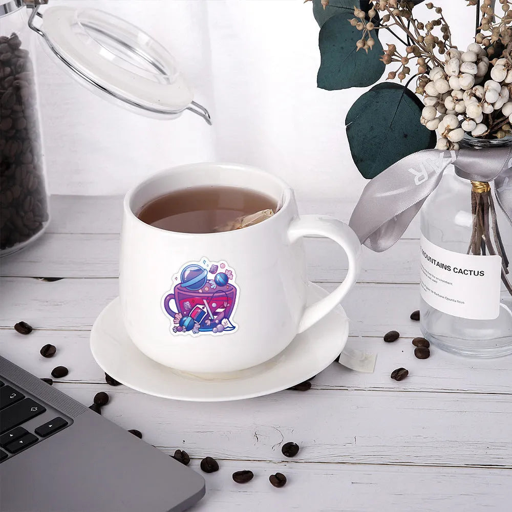 Colourful tea cup design waterproof stickers in Nordic style, set of 50 pieces for luggage and scooter decoration.