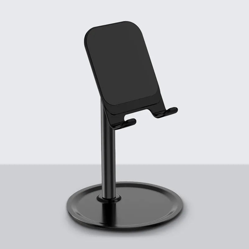 Silver white aluminium alloy mobile phone desktop stand holding a smartphone at an adjustable angle