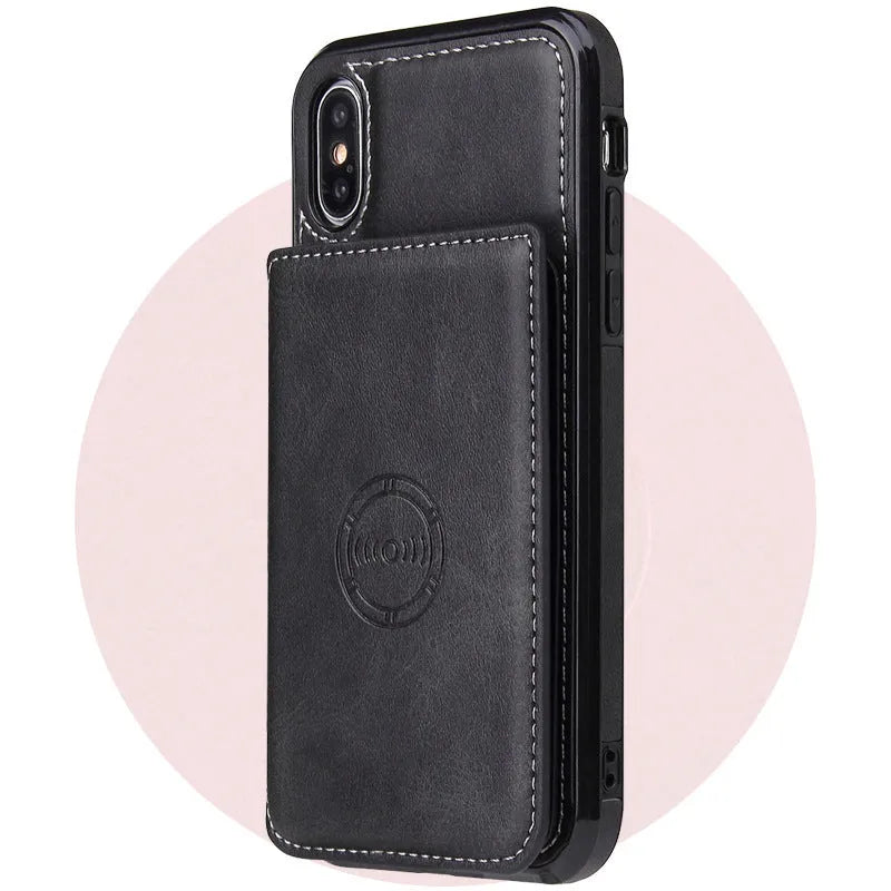 Imitation leather card wallet phone case for iPhone in various solid colours.