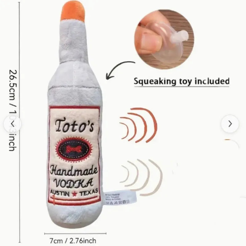 Brown wine bottle shaped plush dog toy with squeaker inside for chewing and dental cleaning