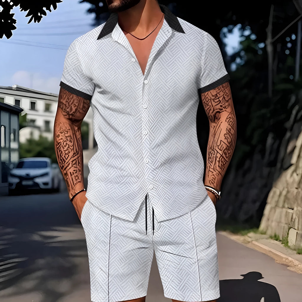 Man wearing a digitally printed short sleeve casual suit set in a neutral colour.