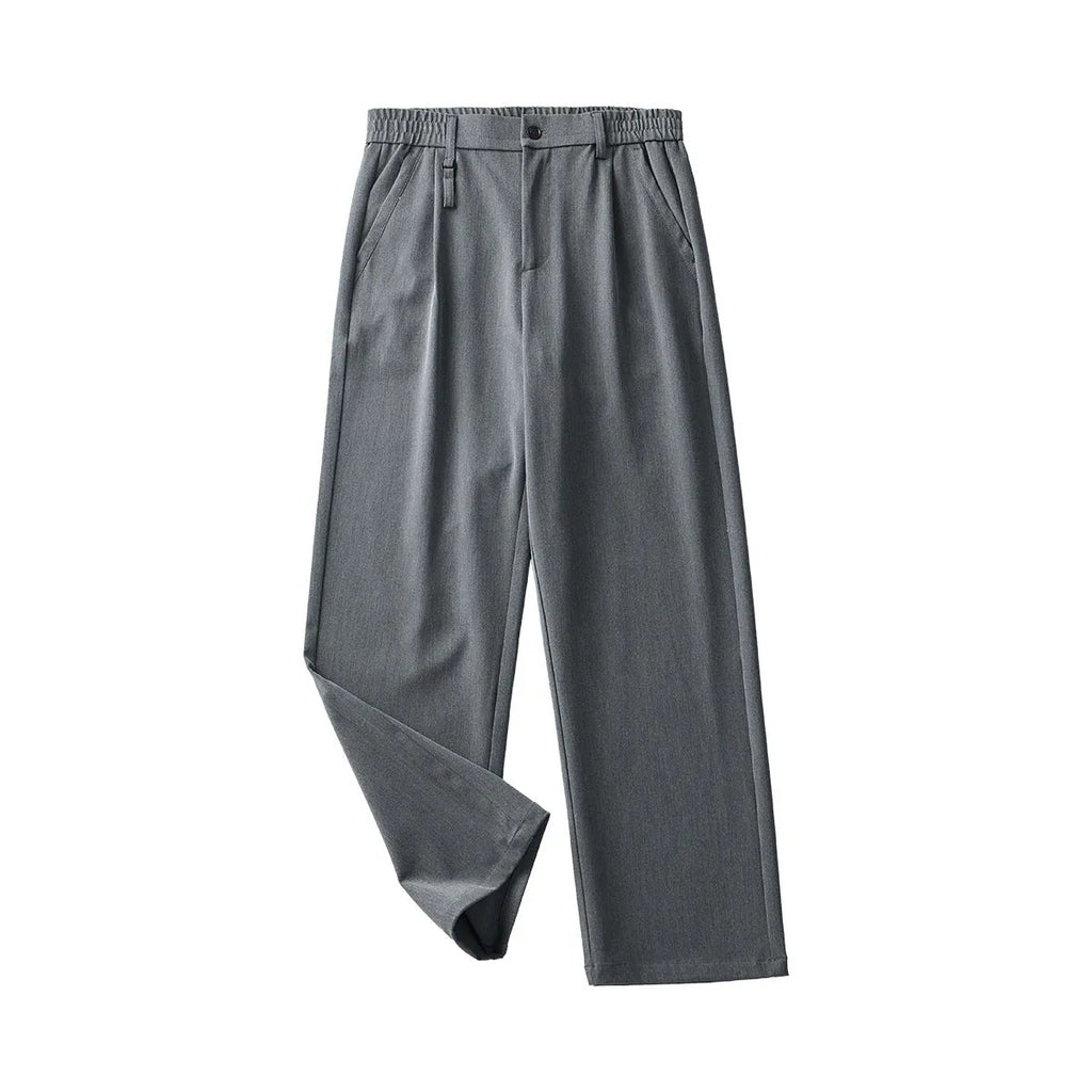Men's black business casual straight-leg trousers with loose drape styling