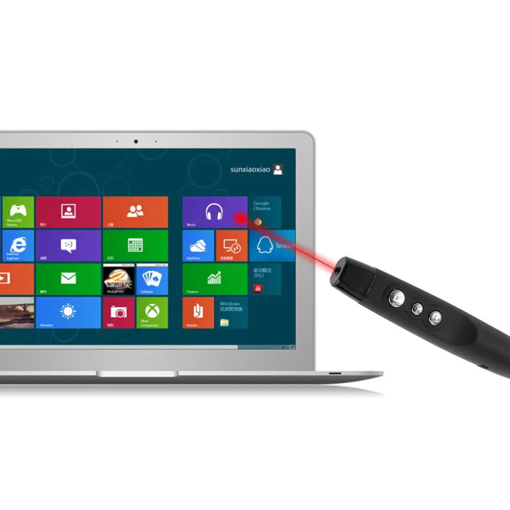 Wireless presenter remote in black molded plastic with USB receiver and red laser pointer