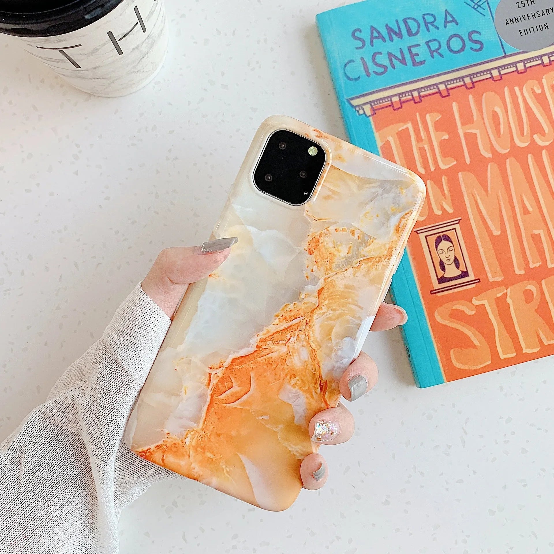 Frosty marble silicone phone case for iPhone, black back cover with geometric pattern