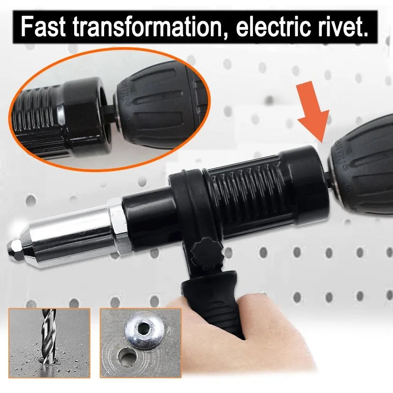 Black metal electric drill rivet gun attachment tool with a three-jaw chuck, 173mm long.