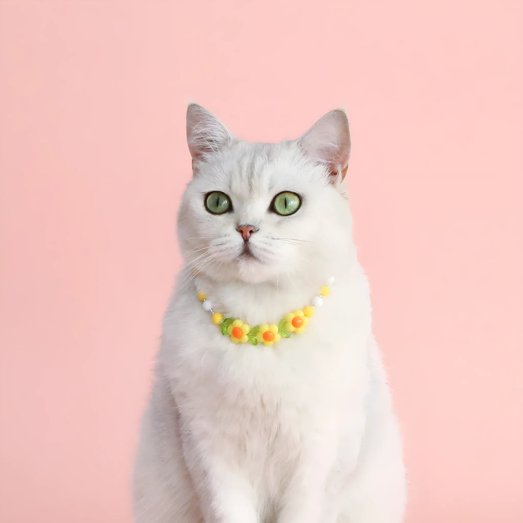 Colourful plastic bead cat necklace in small flower, rainbow or peach designs with adjustable sizing