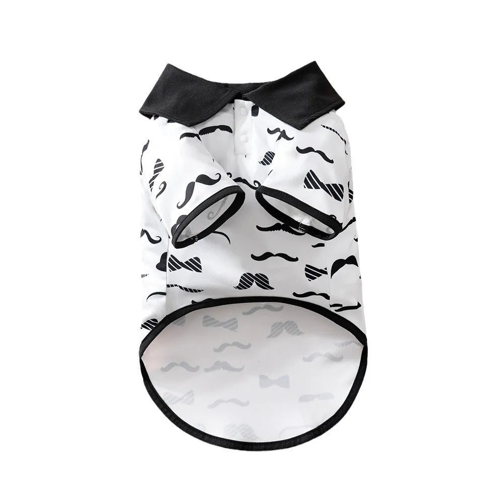 White casual polyester pet clothing for a small dog, showing sizes S, M, L, XL, XXL.
