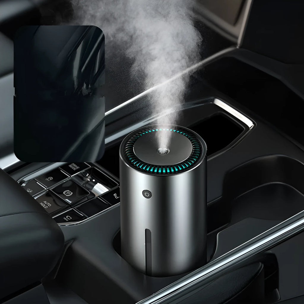 Black aluminium alloy car diffuser humidifier and air purifier unit with USB cable.
