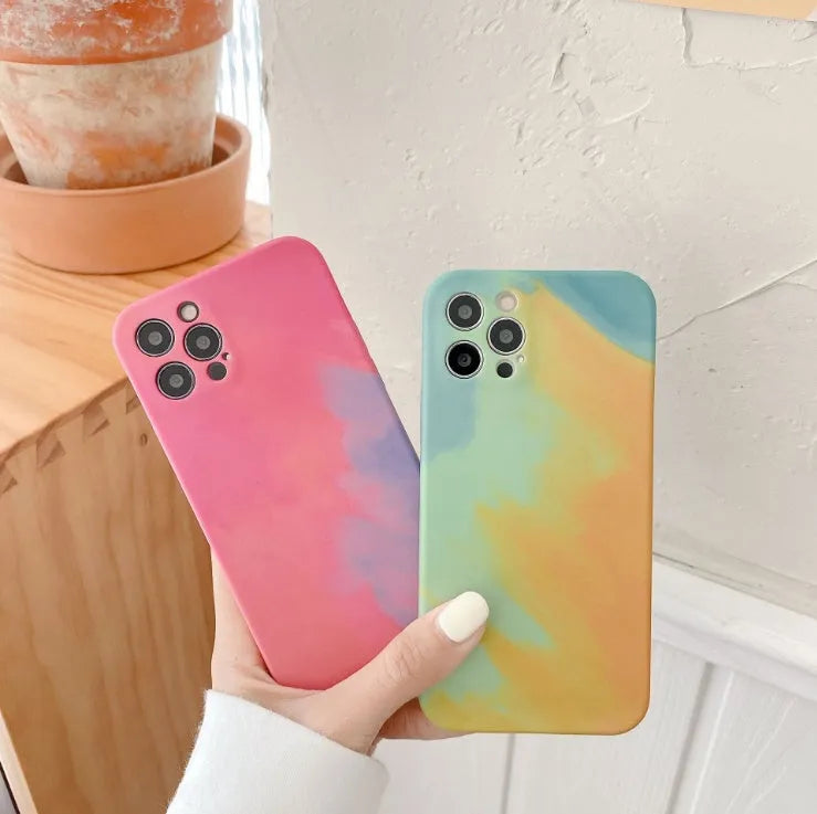Soft silicone iPhone case with abstract oil painting gradient geometry design in blue, green, pink, purple colours