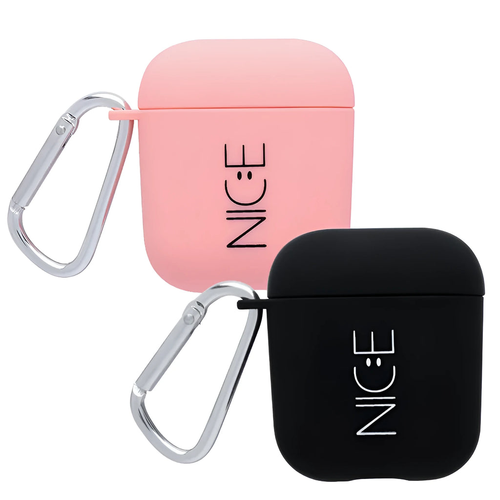 Black and Pink PC plastic protective case covers for AirPods with decorative Flower, Love, and Smiley face designs.