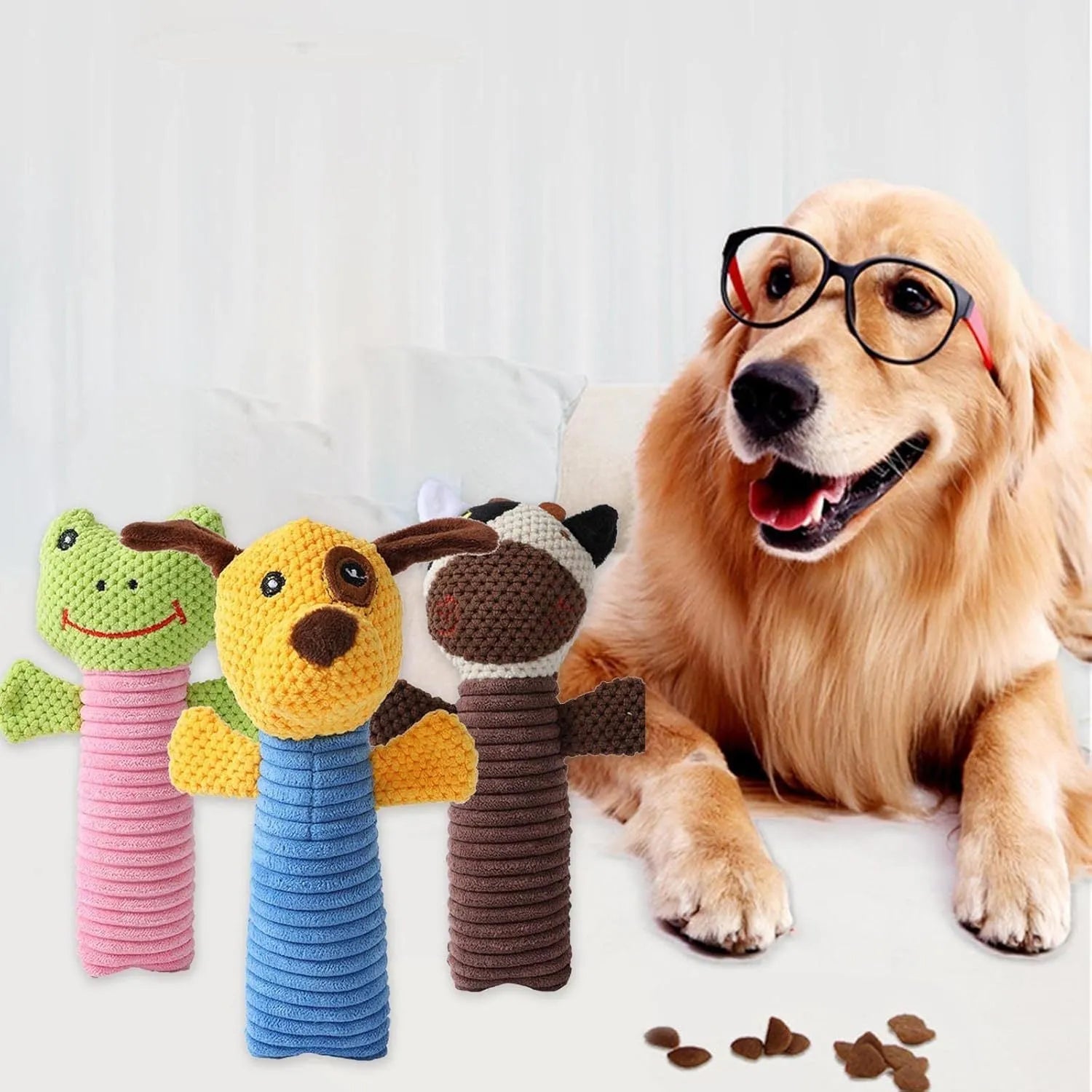 Squeaky stuffed animal dog chew toy for dental cleaning and play.