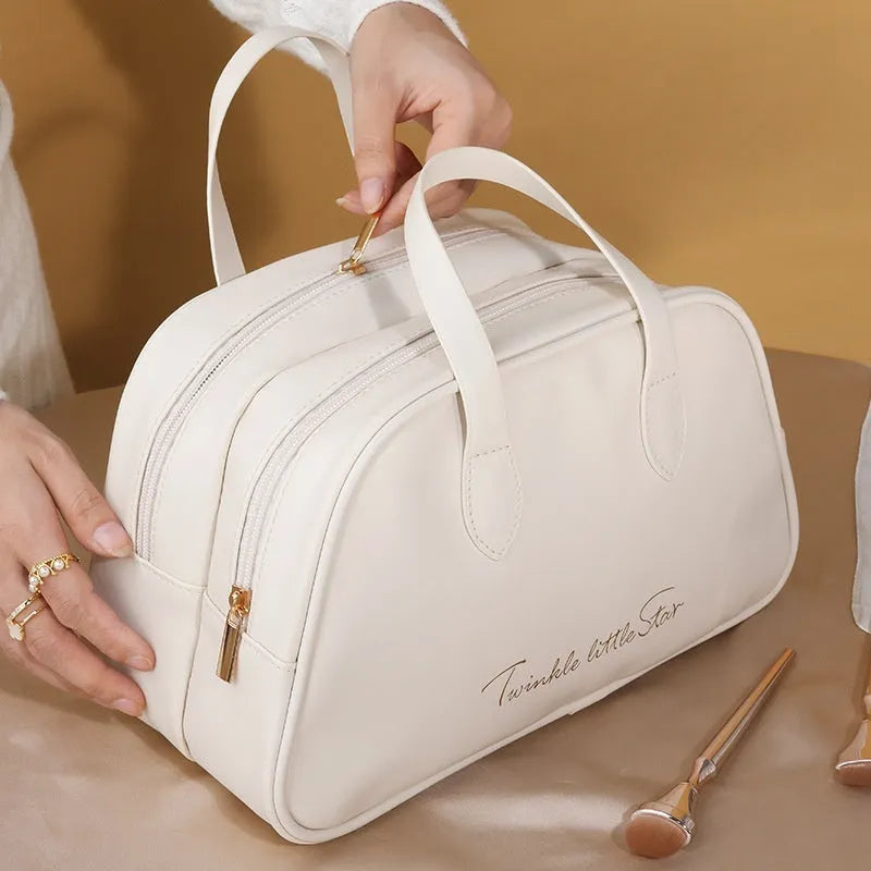 PU leather travel toiletry bag with dry-wet separation compartment in caramel mocha colour