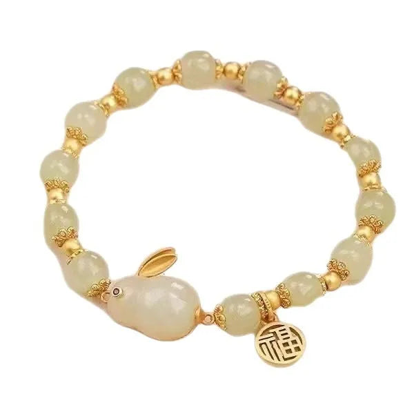 Green jade hare bracelet for women with electroplated finish and Chinese style animal design