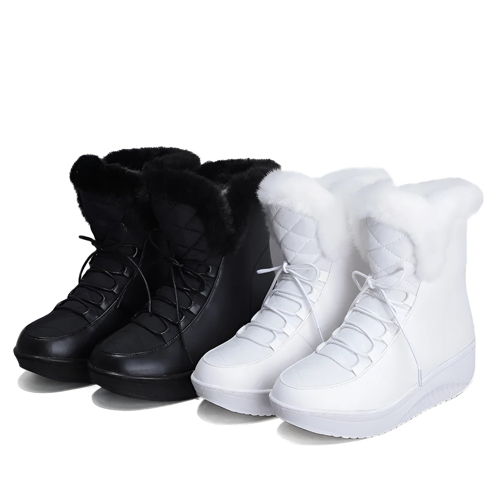 Women's black lace-up ankle boots with a platform sole on a wooden floor.