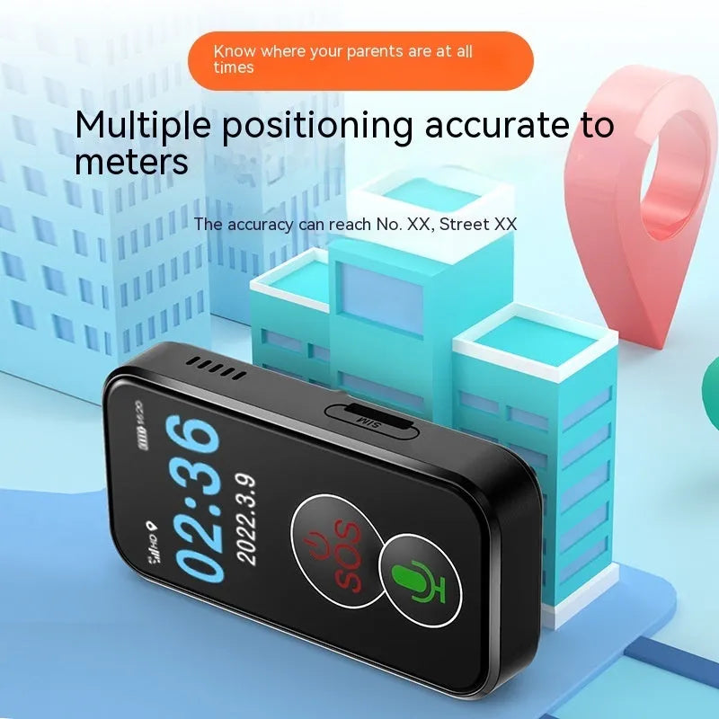 Black 4G GPS child positioning device with PC+ABS casing and display showing map interface