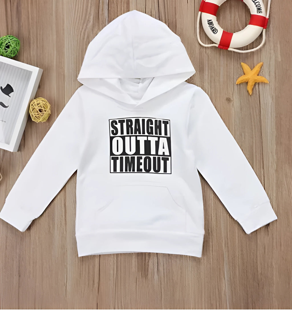 Boys' black hooded sweater with white letter print, long sleeves, and pullover neck.