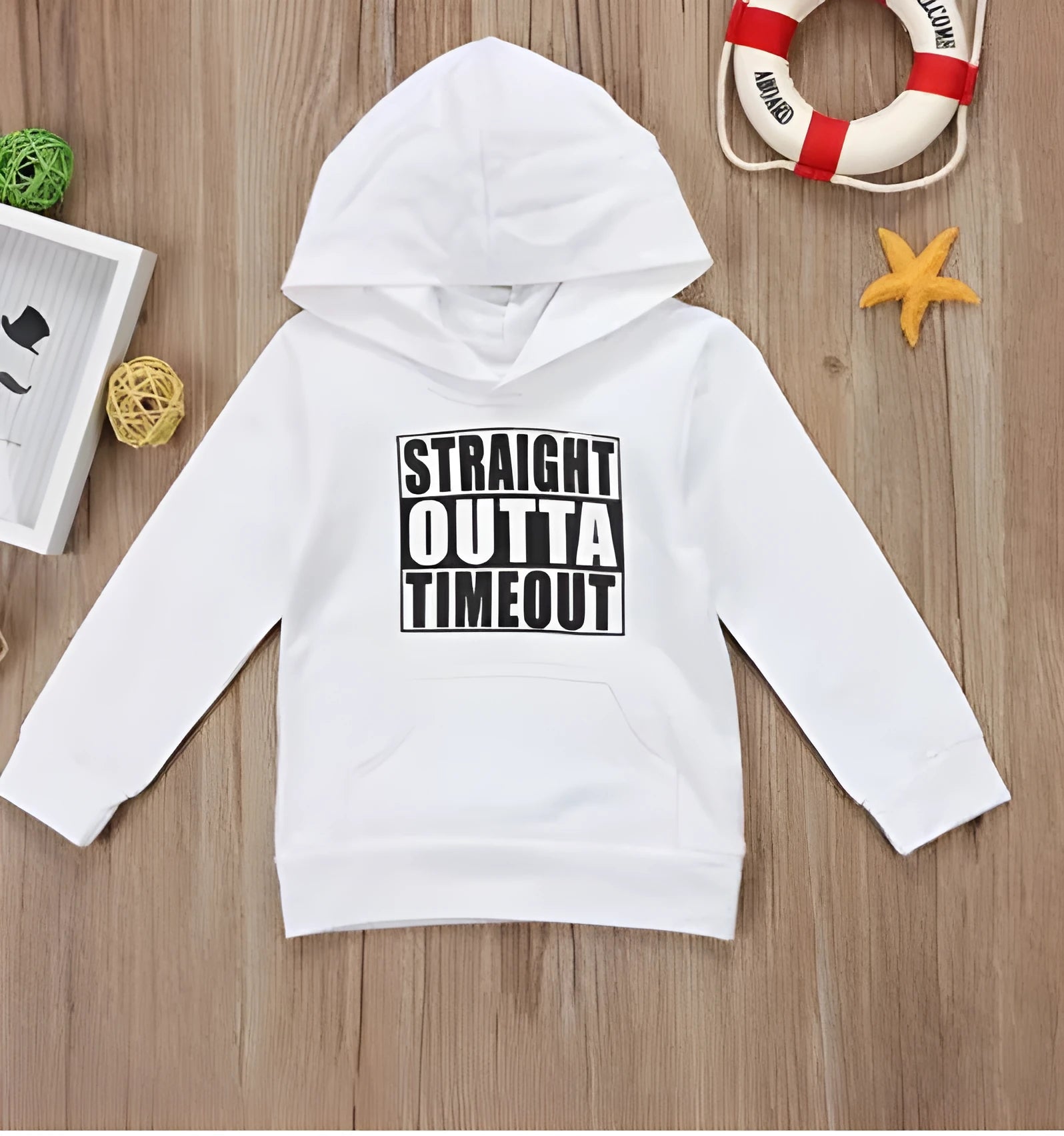 Boys' black hooded sweater with white letter print, long sleeves, and pullover neck.
