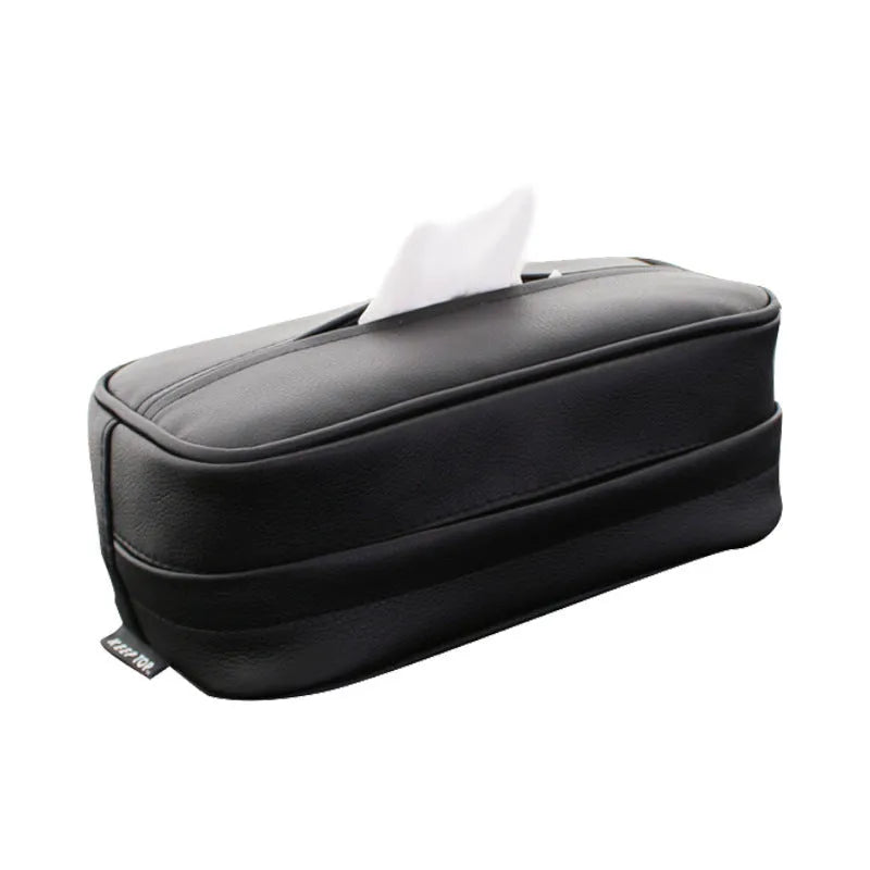 Black PU leather hanging storage box with hook for car or home organisation