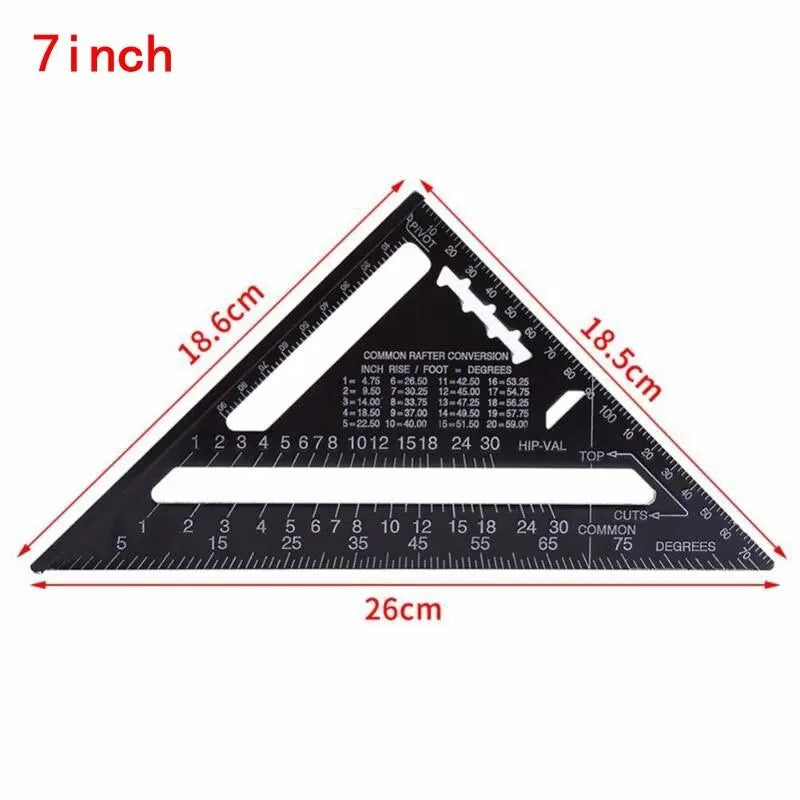 Black aluminium triangle ruler square showing 90 and 45 degree angles with measurement scales