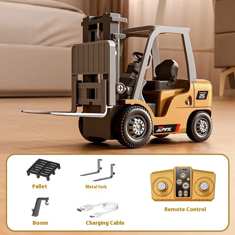 Blue die-cast alloy remote control forklift toy with cargo accessories on wooden pallet