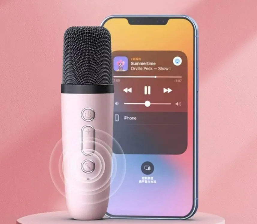 Portable Bluetooth karaoke speaker with microphone in pink, white, or sky blue colour.