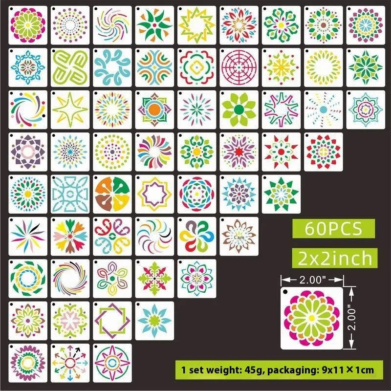 100-piece hollow spray painting stencil set showing milky white PET film templates with animal, Hawaii, ocean and floral patterns